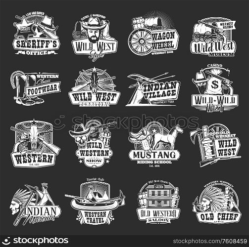 Wild West and Western vector icons. Cowboy, sheriff and bull skull, bandit hat and gun, ranger star, native american wagon, horseshoe and indian chief, texas saloon, rodeo horse, arrows and teepee. Wild West sheriff, Western cowboy and skull icons