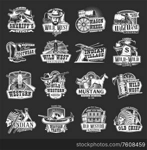 Wild West and Western vector icons. Cowboy, sheriff and bull skull, bandit hat and gun, ranger star, native american wagon, horseshoe and indian chief, texas saloon, rodeo horse, arrows and teepee. Wild West sheriff, Western cowboy and skull icons