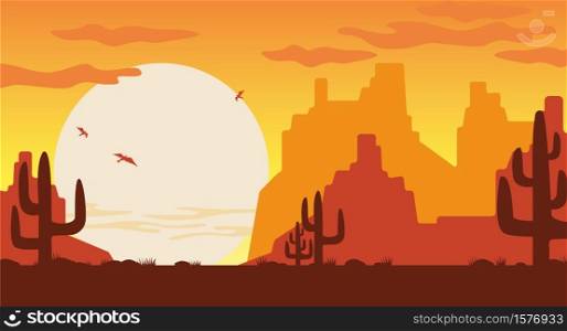 Wild west at sunset illustration. Orange silhouettes of Arizona mountains brown cactuses covered with sand dunes huge sun disc with swirling vultures vector Texas vector canyon.. Wild west at sunset illustration. Orange silhouettes of Arizona mountains brown cactuses.