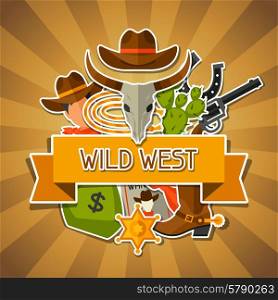 Wild west background with cowboy objects and stickers. Wild west background with cowboy objects and stickers.