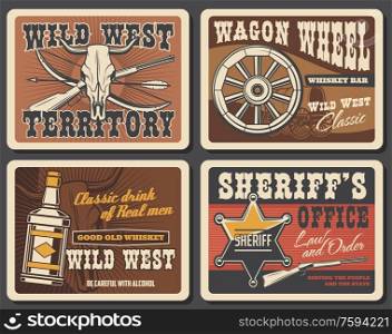 Wild West bull skulls, western sheriff guns and star badge vector design. Native american arrow and bow, ranger rifle, old covered wagon, wooden wheel and Texas saloon whiskey vintage posters. Wild West sheriff guns, star, western bull skulls