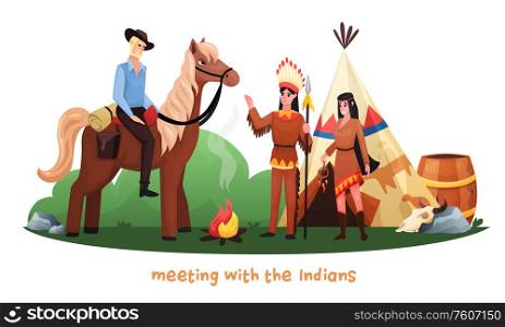 Wild west cartoon vector illustration with cowboy riding horse meeting with indians in national dress and hunting weapon