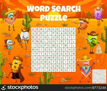 Wild West cartoon vitamin cowboy, sheriff, ranger and bandit characters. Western word search puzzle game vector worksheet of cute vitamin and mineral pill personages on background of desert, cactuses. Wild West cartoon vitamin cowboys word search game