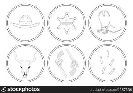 Wild west contour lines objects set. Vector clip art illustrations isolated on white. Wild west contour lines objects set