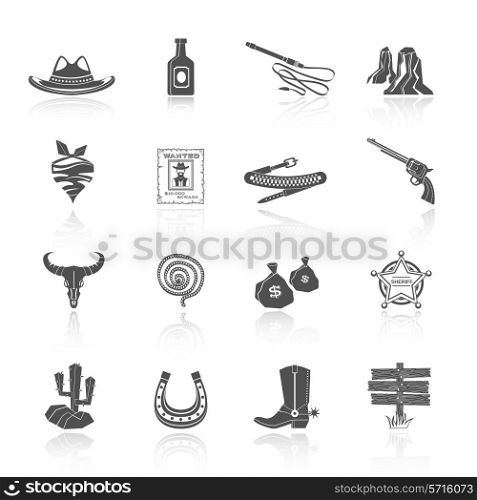 Wild west cowboy black icons set with hat bottle shoes cactus isolated vector illustration
