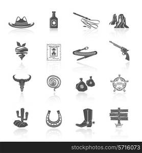 Wild west cowboy black icons set with hat bottle shoes cactus isolated vector illustration