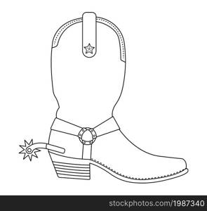 Wild west cowboy boot with spur and star. Contour lines vector clip art illustration isolated on white. Wild west cowboy boot with spur. Contour