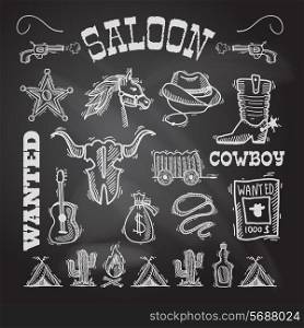 Wild west cowboy chalkboard set with gun money bag horse isolated vector illustration