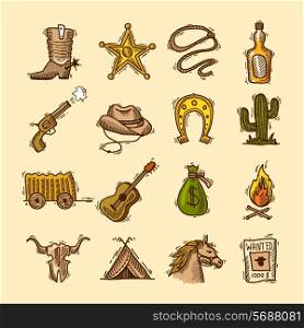 Wild west cowboy colored sketch icons set with boots badge lasso isolated vector illustration