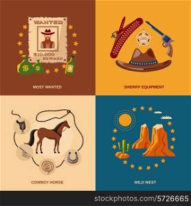 Wild west cowboy flat icons set with most wanted sheriff equipment horse isolated vector illustration