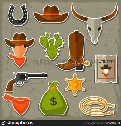 Wild west cowboy objects and stickers set. Wild west cowboy objects and stickers set.