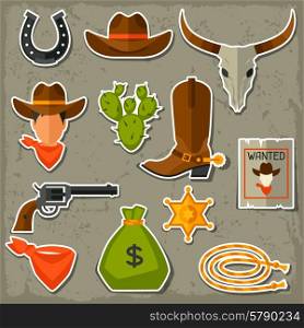 Wild west cowboy objects and stickers set. Wild west cowboy objects and stickers set.
