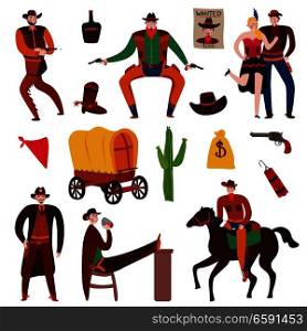 Wild west cowboy set of isolated flat icons with vintage stuff and accessories with human characters vector illustration. Wild West Icon Set