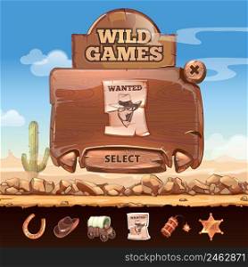 Wild West desert landscape background user interface UI cartoon style. Badge and wanted, plate and horseshoe, star and dynamite, vector illustration. Wild West desert landscape background with user interface UI in cartoon style