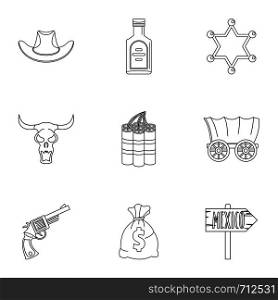 Wild west element icon set. Outline set of 9 wild west element vector icons for web isolated on white background. Wild west element icon set, outline style