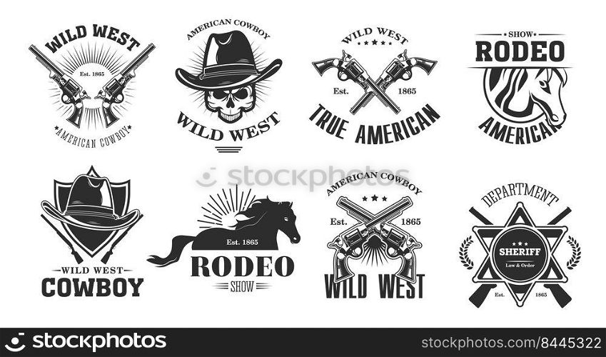 Wild west emblems set. Monochrome elements with skull in cowboy hat, rodeo horse, crossed gun, sheriff badge. Vintage vector illustrations collection isolated on white background