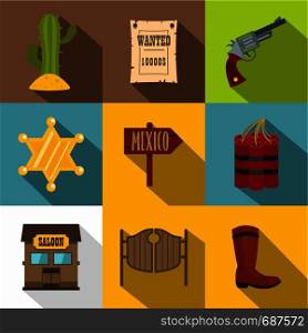 Wild west icons set. Flat set of 9 wild west vector icons for web with long shadow. Wild west icons set, flat style