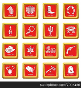 Wild west icons set vector red square isolated on white background . Wild west icons set red square vector