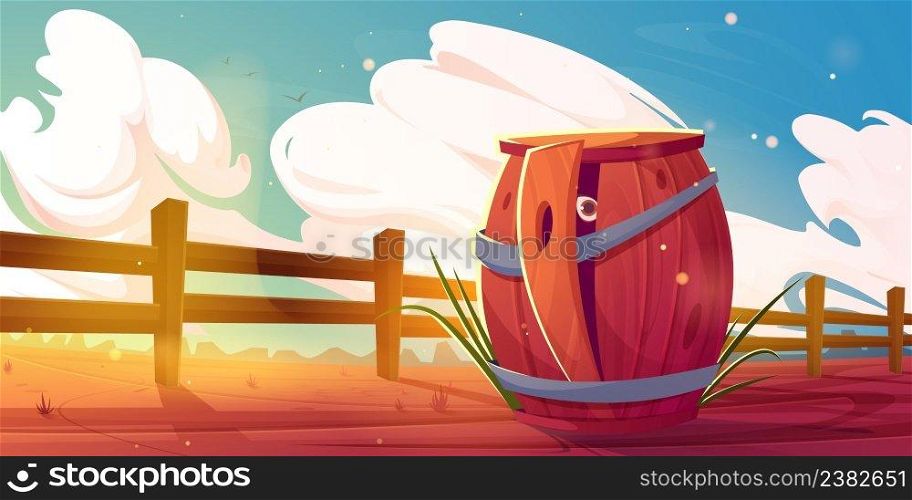 Wild west landscape, american ranch with wooden fence and barrel. Vector cartoon illustration of western desert, country scene with someone hiding in wood barrel. Wild west landscape with wooden fence and barrel