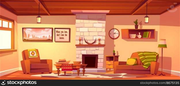 Wild west living room empty interior with western rustic style furniture. Cartoon vector fireplace with horns and candles, couch with plaid, armchair, table, floor l&, bookshelf and cow skin rag. Wild west living room empty western style interior