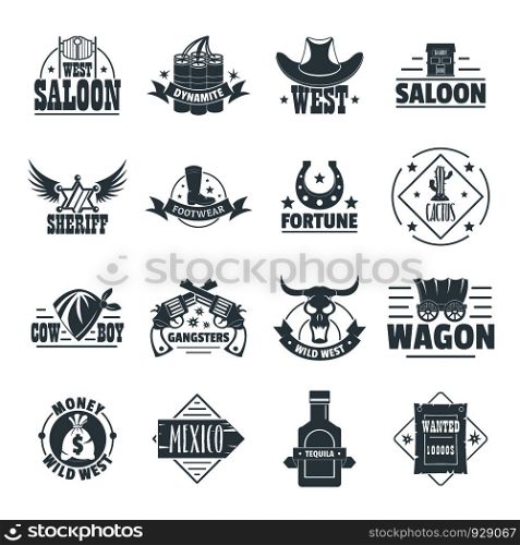 Wild west logo icons set. Simple illustration of 16 wild west logo vector icons for web. Wild west logo icons set, simple style