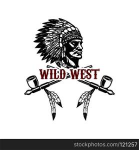 Wild west. Native american chief head. Design element for logo, label, sign. Vector illustration