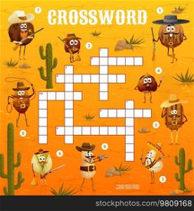 Wild west nut sheriff, cowboys and bandits characters. Crossword grid. Word quiz game vector worksheet or educational riddle with coconut, pistachio, walnut and pecan, cashew, almond and hazelnut. Wild west nut sheriff characters crossword grid