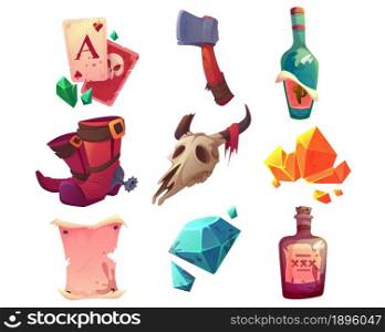 Wild west objects, cowboy boots, playing cards, gold and gems isolated on white background. Vector cartoon set of American western with blank wanted poster, bull skull, axe and alcohol bottles. Wild west set with cowboy boots and playing cards