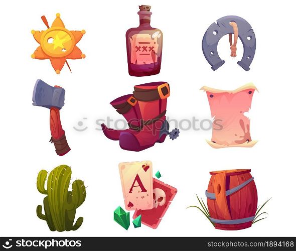 Wild west objects, cowboy boots, sheriff star badge, cactus and horseshoe isolated on white background. Vector cartoon set of American western with old wooden barrel, blank wanted poster and bottle. Wild west set with cowboy boots and sheriff star