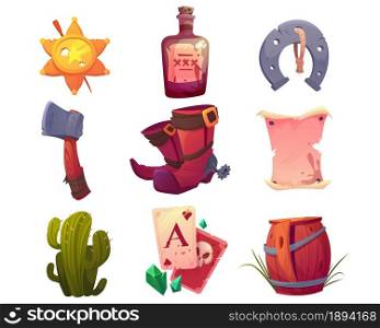 Wild west objects, cowboy boots, sheriff star badge, cactus and horseshoe isolated on white background. Vector cartoon set of American western with old wooden barrel, blank wanted poster and bottle. Wild west set with cowboy boots and sheriff star
