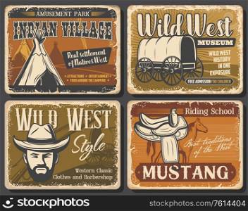 Wild West retro posters of Western cowboy with hat, rodeo horse and Texas sheriff gun. Native american or indian teepee, old wagon and mustang saddle, Wild West and Western museum vector design. Wild West and Western retro posters
