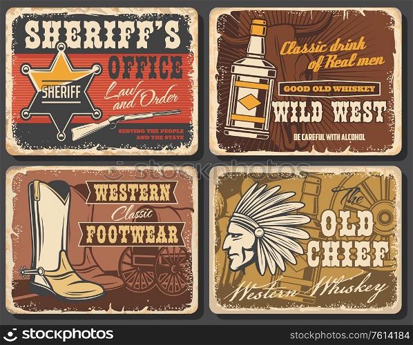 Wild west retro posters set, vector grunge cards with sheriff star, whiskey bottle, cowboy shoes and Indian warrior with plumage feather headdress. Vintage wild west wagon wheel or Western stagecoach. Wild west retro posters, western vector cards set