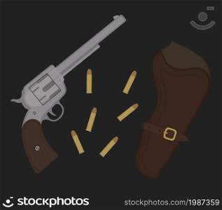 Wild west revolver bullets and holster. Western vintage cowboy pistol vector illustration isolated on black. Wild west revolver illustration
