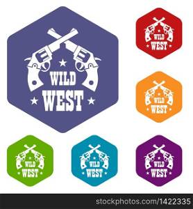 Wild west revolver icons vector colorful hexahedron set collection isolated on white . Wild west revolver icons vector hexahedron