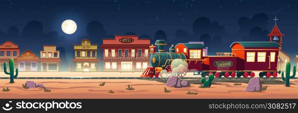 Wild west steam train at night western town with railroad, vintage locomotive, desert landscape, cacti and old wooden city buildings hotel, post, saloon, sheriff and church cartoon vector illustration. Wild west steam train at night western town vector