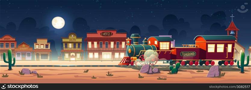 Wild west steam train at night western town with railroad, vintage locomotive, desert landscape, cacti and old wooden city buildings hotel, post, saloon, sheriff and church cartoon vector illustration. Wild west steam train at night western town vector