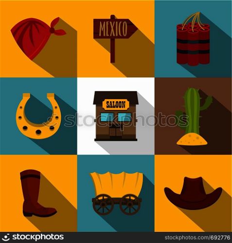 Wild west things icons set. Flat set of 9 wild west things vector icons for web with long shadow. Wild west things icons set, flat style