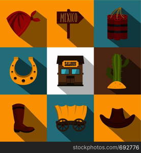 Wild west things icons set. Flat set of 9 wild west things vector icons for web with long shadow. Wild west things icons set, flat style