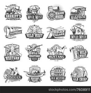 Wild West vector icons, American Western saloon and cowboy symbols. Texas western saloon, Indian village, mustang rodeo riding school, casino and robber bandit revolver. American Western, Wild West cowboy icons