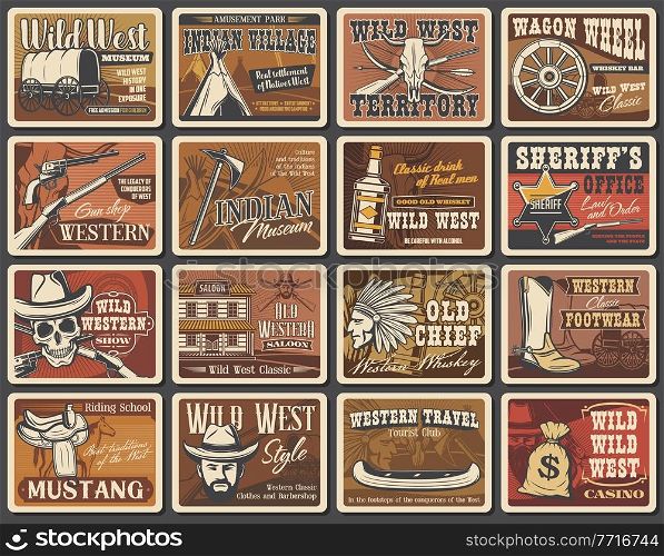 Wild West vector posters set. Cowboy, sheriff and skull, American western hat, guns and ranger star badge, horse, vintage wagon, Indian chief, revolvers, tomahawk and rifle. USA Wild West saloon cards. Wild West vector posters, cowboy retro cards set