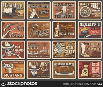 Wild West vector posters set. Cowboy, sheriff and skull, American western hat, guns and ranger star badge, horse, vintage wagon, Indian chief, revolvers, tomahawk and rifle. USA Wild West saloon cards. Wild West vector posters, cowboy retro cards set