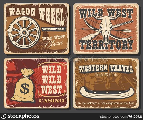 Wild West vector vintage posters. Western saloon, Texas robbers dollar money bag, whiskey bar and stagecoach wagon wheel. American longhorn bull skull and Indian tomahawk, bow and arrows vintage cards. Wild West vector vintage posters and cards