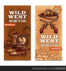 Wild west vertical banners with cowboy accessories and crossed pistols on template background hand drawn vector illustration. Cawboy Wild West Vertical Banners