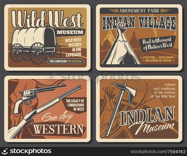 Wild west western cowboy and indians vector retro posters. Wild West native american history. Buffalo skull, tomahawk and tribal chief axe, Texas sheriff , tepee and rifle, wigwam, bow, arrow, wagon. Wild West western retro posters
