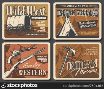 Wild west western cowboy and indians vector retro posters. Wild West native american history. Buffalo skull, tomahawk and tribal chief axe, Texas sheriff , tepee and rifle, wigwam, bow, arrow, wagon. Wild West western retro posters