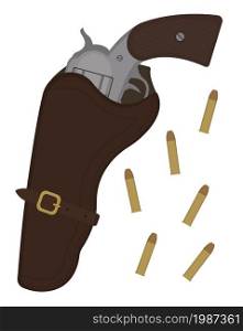 Wild west wood handle revolver in leather holster with bullets. Vector clip art illustration isolated on white. Wild west revolver in leather holster with bullets