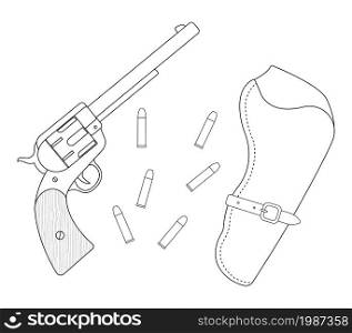 Wild west wood handle revolver, leather holster, bullets. Vector contour lines clip art illustration isolated on white. Revolver, leather holster, bullets. Contour