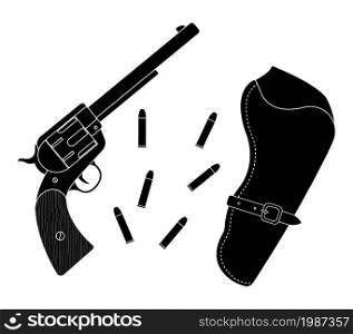 Wild west wood handle revolver with holster and bullets. Vector black color silhouette clip art illustration isolated on white. Wild west wood handle revolver with holster and bullets. Black