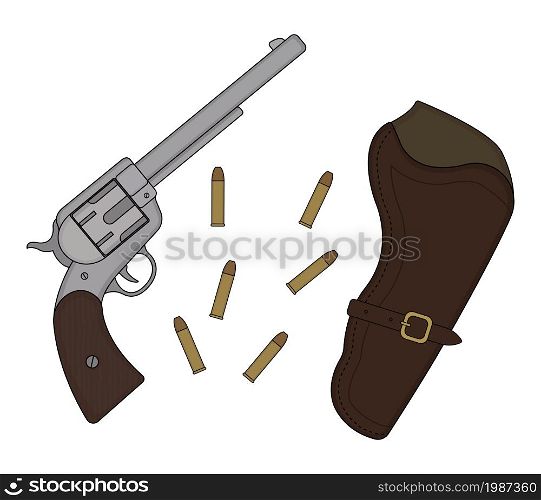 Wild west wood handle revolver with leather holster and bullets. Vector clip art illustration isolated on white. Wild west revolver, holster, bullets