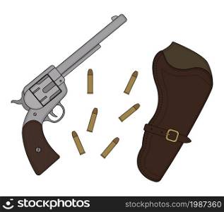 Wild west wood handle revolver with leather holster and bullets. Vector clip art illustration isolated on white. Wild west revolver, holster, bullets